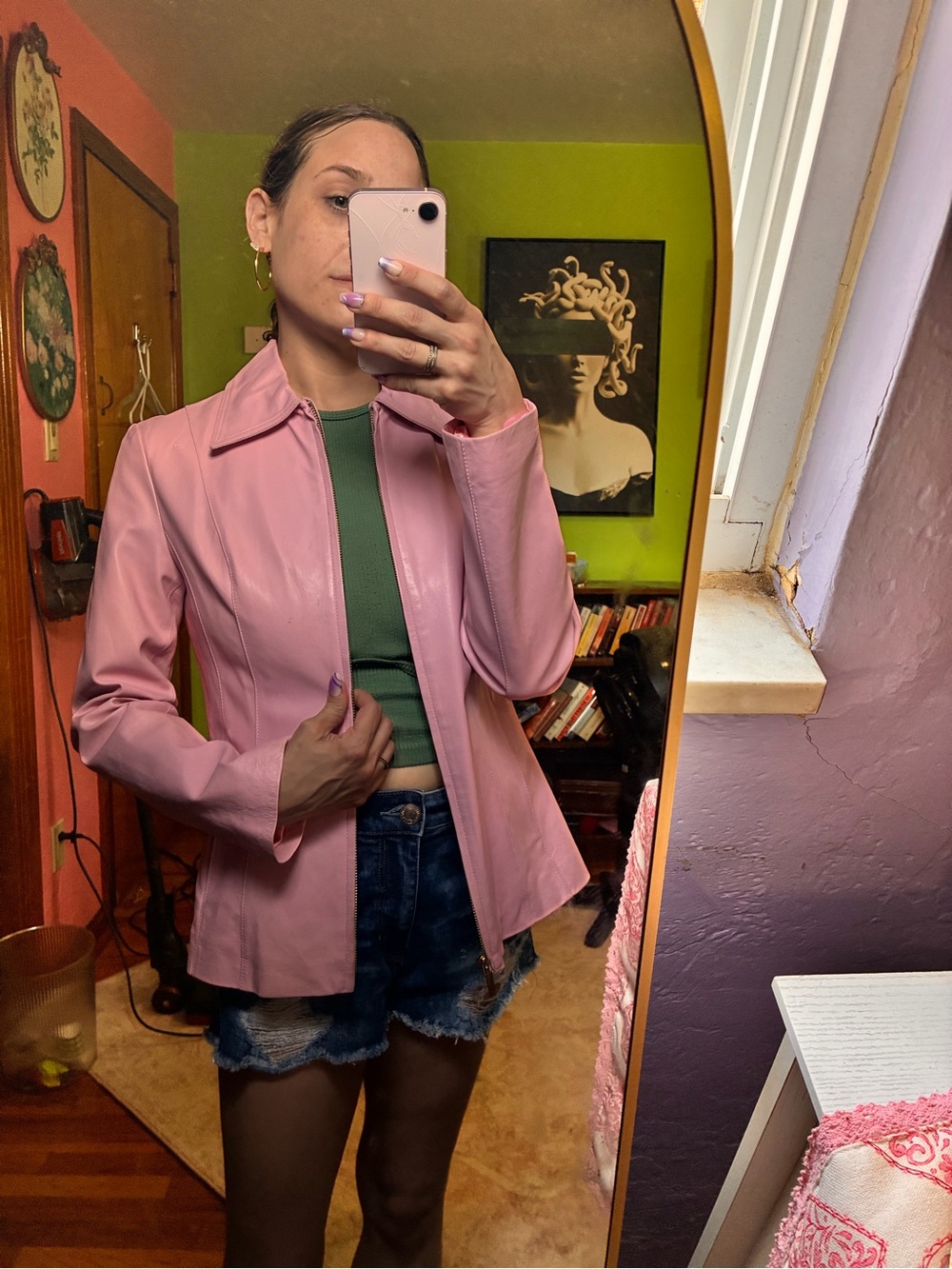 Pink Women's Leather Jacket - Classic Collared Style